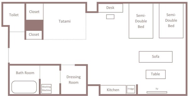 A floor plan with a toilet, two closets, a tatami room, a desk, a semi-double bed, a sofa, a dressing room, a kitchen with a fridge, a TV, and a table. - Minn Asakusa (Tokyo)