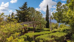 Un jardí amb una pergola, testos perfectament tallats i diferents arbres.