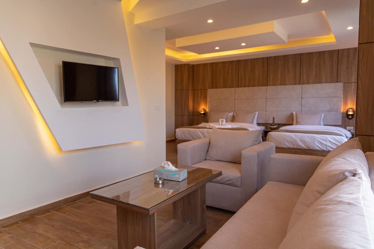 Una habitación de hotel moderna con una cama grande, un sofá, un televisor montado en la pared y una mesita con una caja de pañuelos.