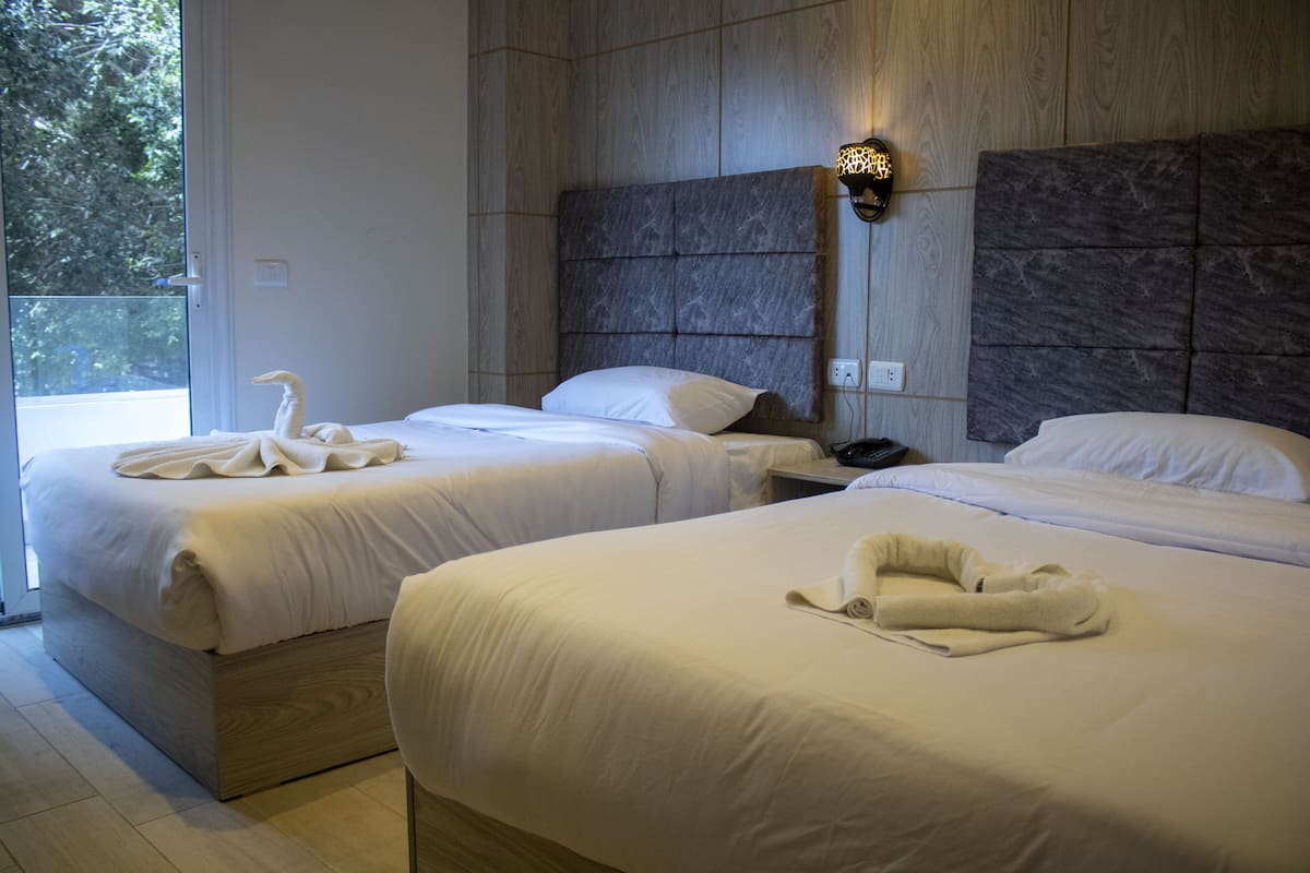 Habitación de hotel con dos camas, cada una con una toalla doblada con esmero y una almohada con forma de cisne. La habitación tiene un diseño moderno, un ventanal grande y una lámpara fijada a la pared.