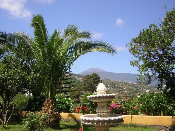 Escape to a serene oasis surrounded by lush greenery and vibrant flowers, with a tranquil mountain backdrop.