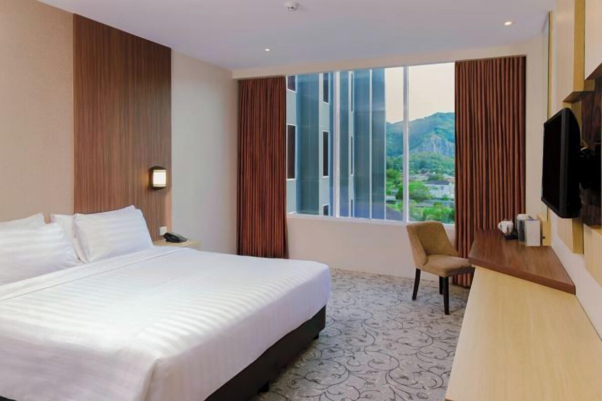 Habitación de hotel con una cama grande, un escritorio, una silla, un televisor y una ventana con vistas a un paisaje montañoso.