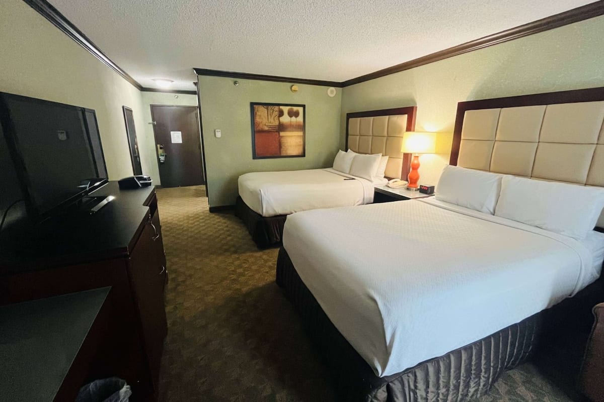 Room, 2 Double Beds, Non Smoking | Desk, laptop workspace, blackout curtains, iron/ironing board