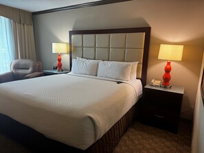 Desk, laptop workspace, blackout curtains, iron/ironing board