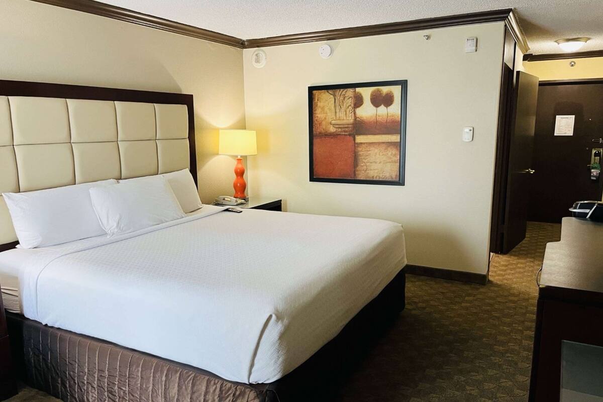 Une chambre d’hôtel avec un grand lit, une table de chevet avec une lampe, une œuvre d’art encadrée au mur et une porte sur le côté droit.