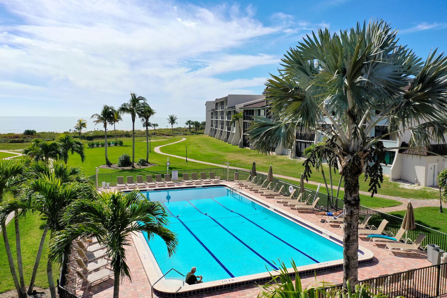 A swimming pool with lounge chairs and palm trees, surrounded by a well-maintained lawn and a building with a modern design.