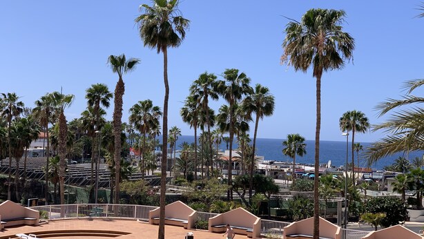 Ein Poolbereich mit Palmen, Liegestühlen und Blick auf das Meer.