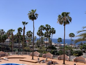 Un espace aménagé au bord de la piscine, avec des palmiers, des chaises longues et une vue sur l’océan.
