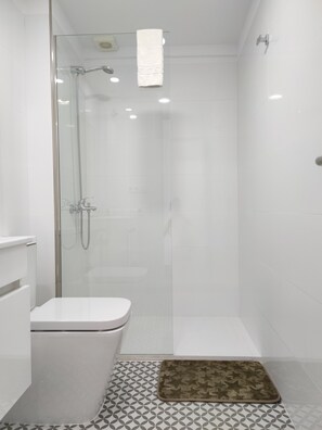 Shower, hair dryer, towels, toilet paper