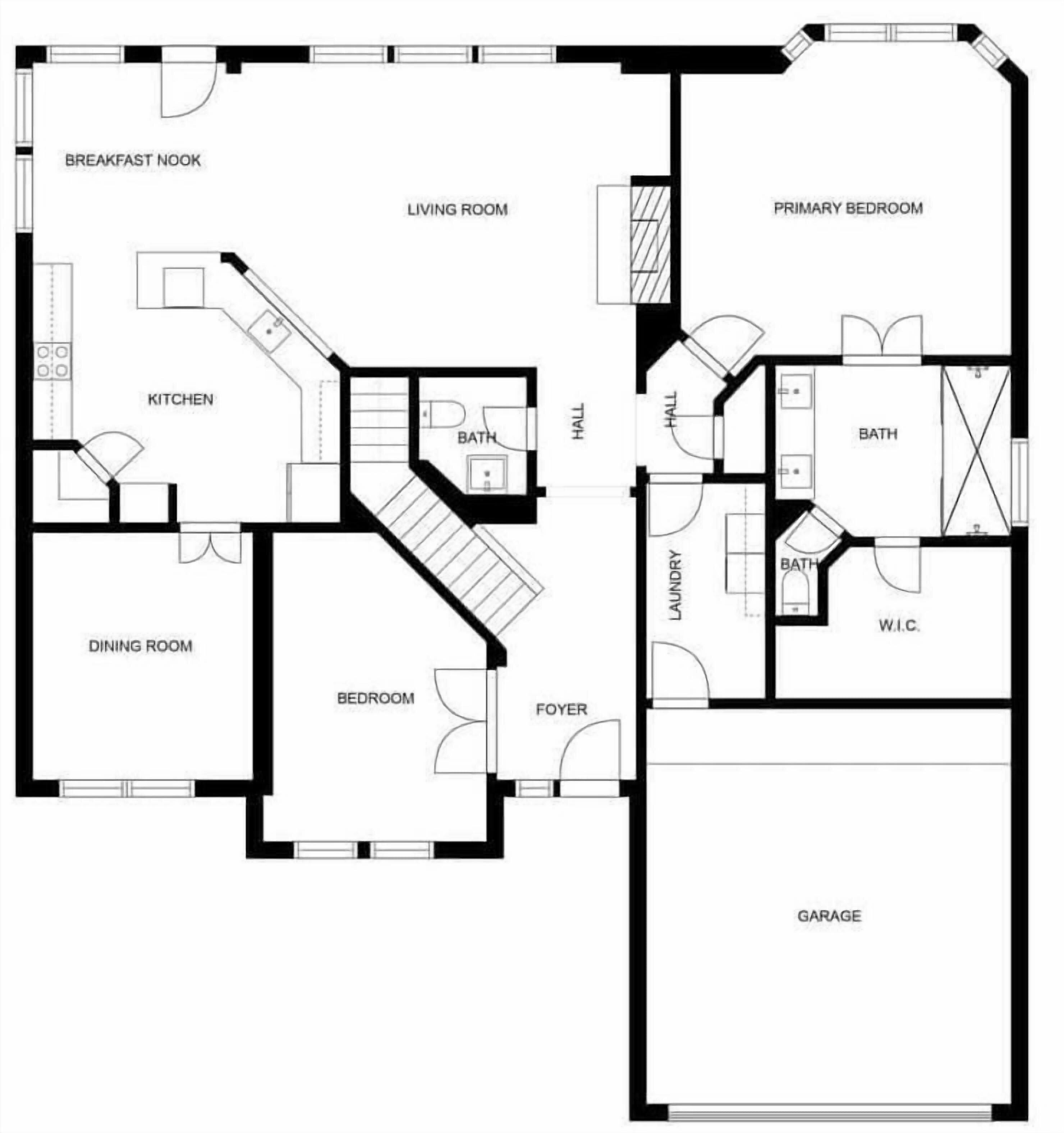 A floor plan of a house with a kitchen, dining room, breakfast nook, living room, primary bedroom, secondary bedroom, foyer, bathroom, laundry room, and garage.