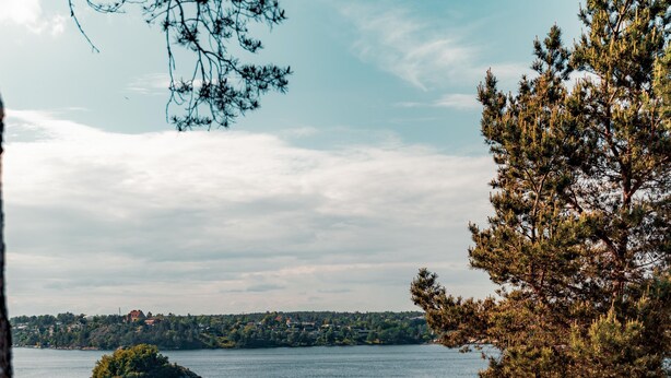 A lakeside deck with lounge chairs, a wooden deck, and a view of a lake and distant island. - Most Luxurious 5-bed Villa in Boo Stockholm (Värmdö)