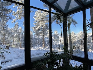Enjoy a serene view of the snow-covered forest from the large window.