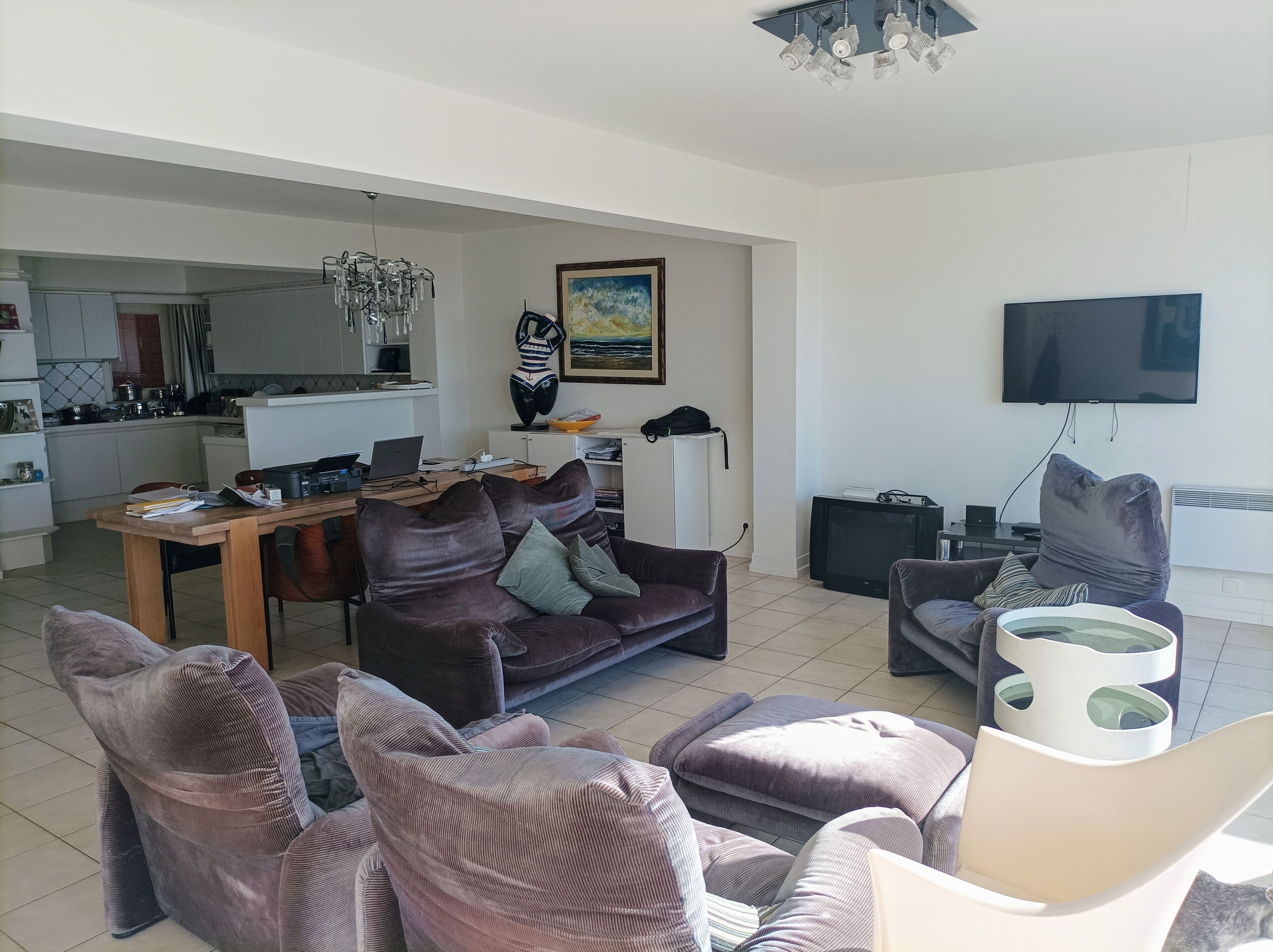 A living room with a sofa, armchairs, a TV, and a dining area with a table and chairs.