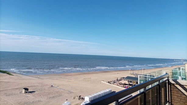 Une plage offrant une vue dégagée sur l’océan, une rive sablonneuse et un bâtiment doté d’une balustrade en verre.