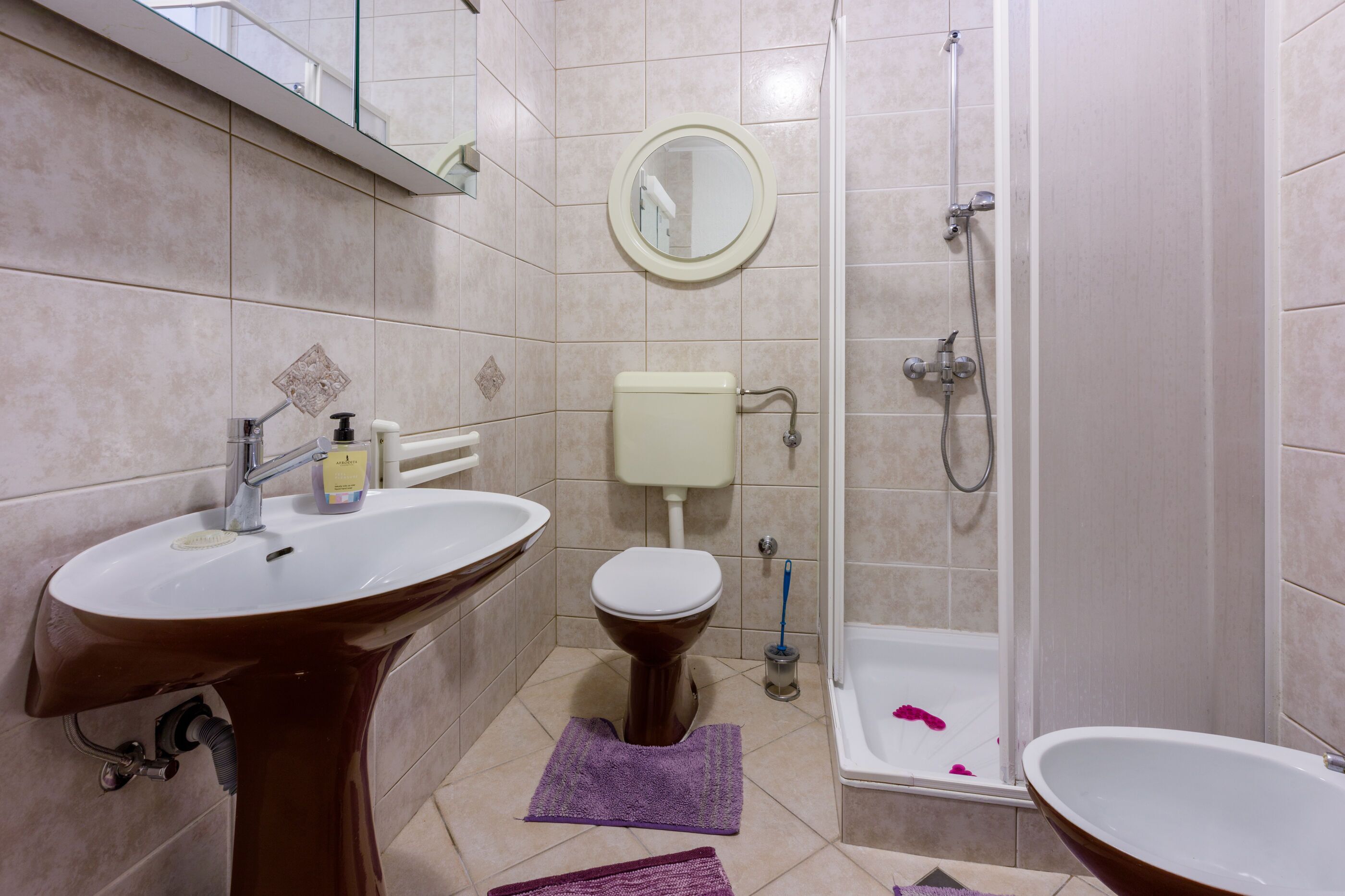 Une salle de bain avec un lavabo sur colonne, des toilettes et une douche.