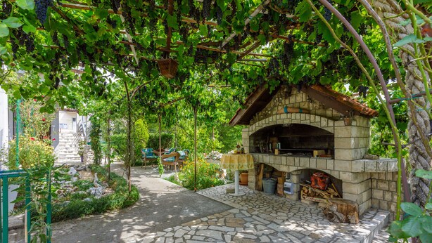 Un patio empedrado con chimenea de piedra, rodeado de follaje y una pérgola cubierta de parras.