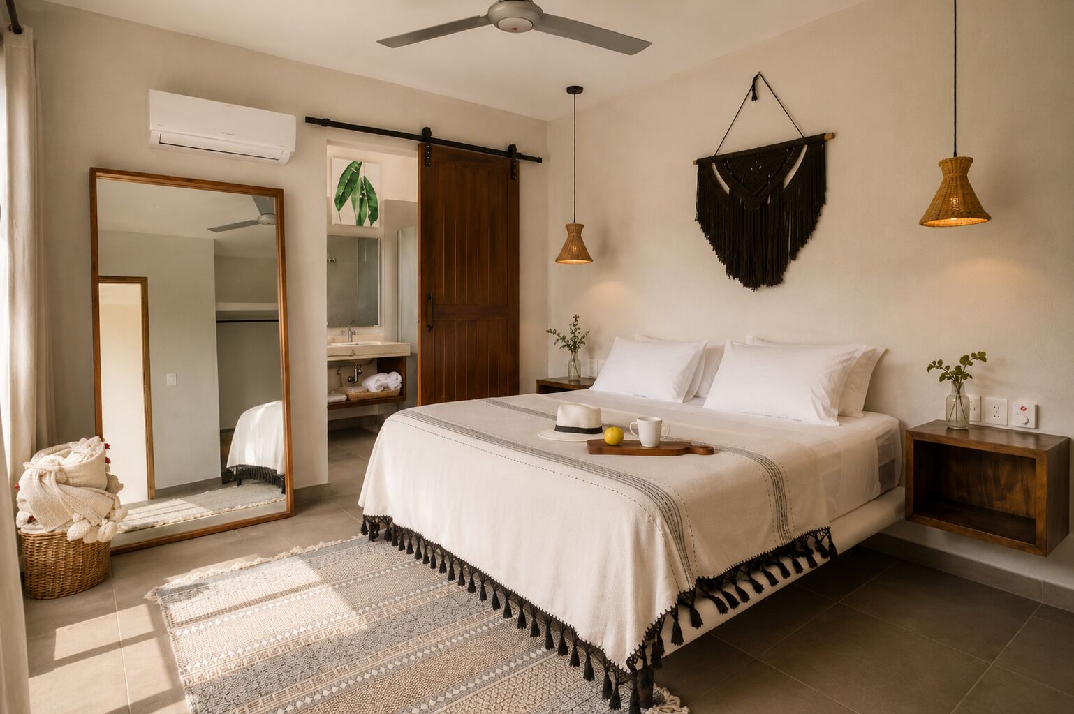 A hotel room with a bed, bedside tables, a mirror, a ceiling fan, and a hanging light fixture.