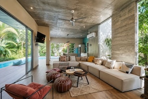 Smart TV, fireplace, books, stereo