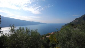 Eine Küstenlandschaft mit Blick auf das Meer und entfernte Berge.