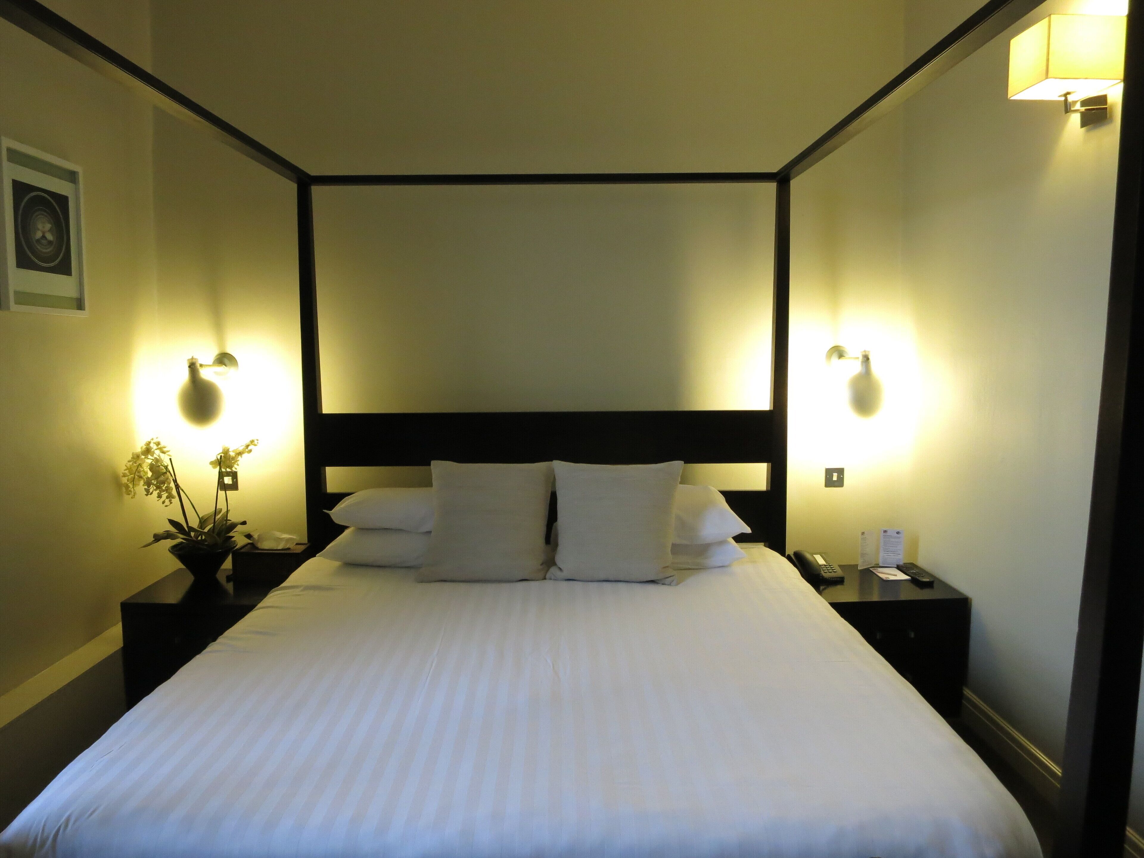 A neatly made bed with white linens in a hotel room. There are two bedside tables, each with a lamp and a small potted plant. The room has a simple, clean design with a dark headboard and light walls.