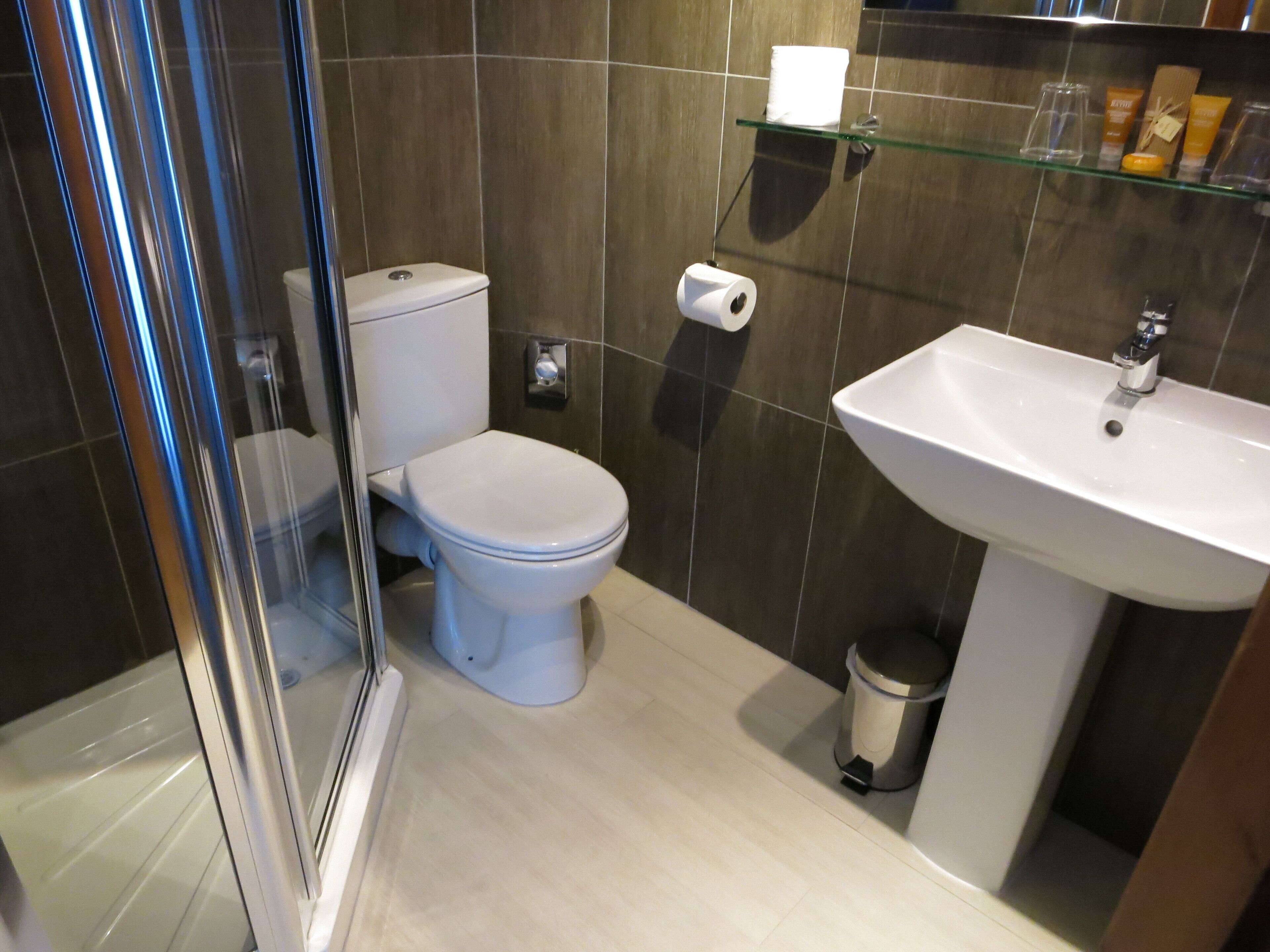 A modern bathroom with a toilet, a glass shower enclosure, a sink, and toiletries on a shelf.