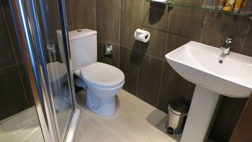 A modern bathroom with a toilet, a glass shower enclosure, a sink, and toiletries on a shelf.