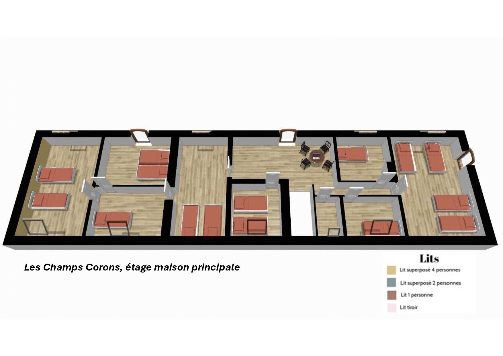 Grundriss von Les Champs Corons, Hauptteil, mit mehreren Zimmern und einer zentralen Sitzgelegenheit.