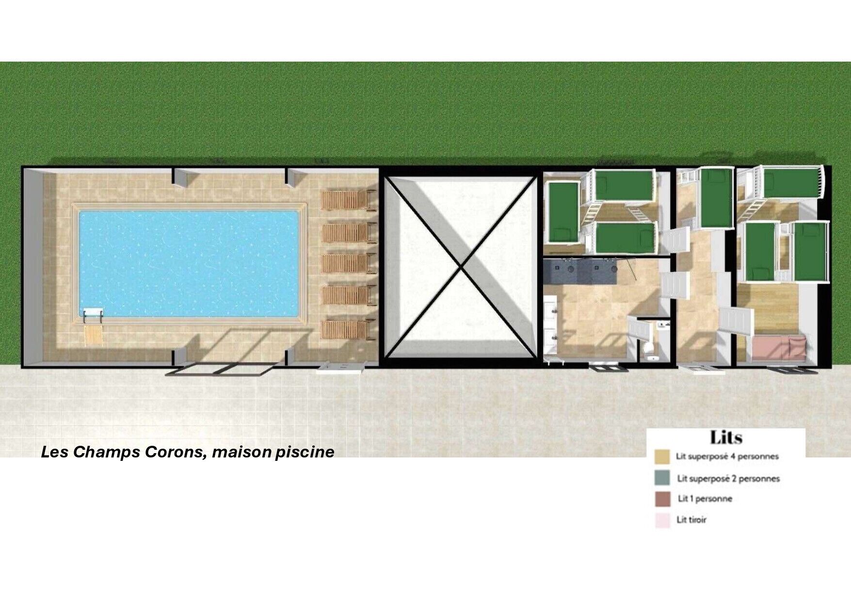 Een plattegrond van een maison met zwembad, meerdere slaapkamers en een eetgedeelte.