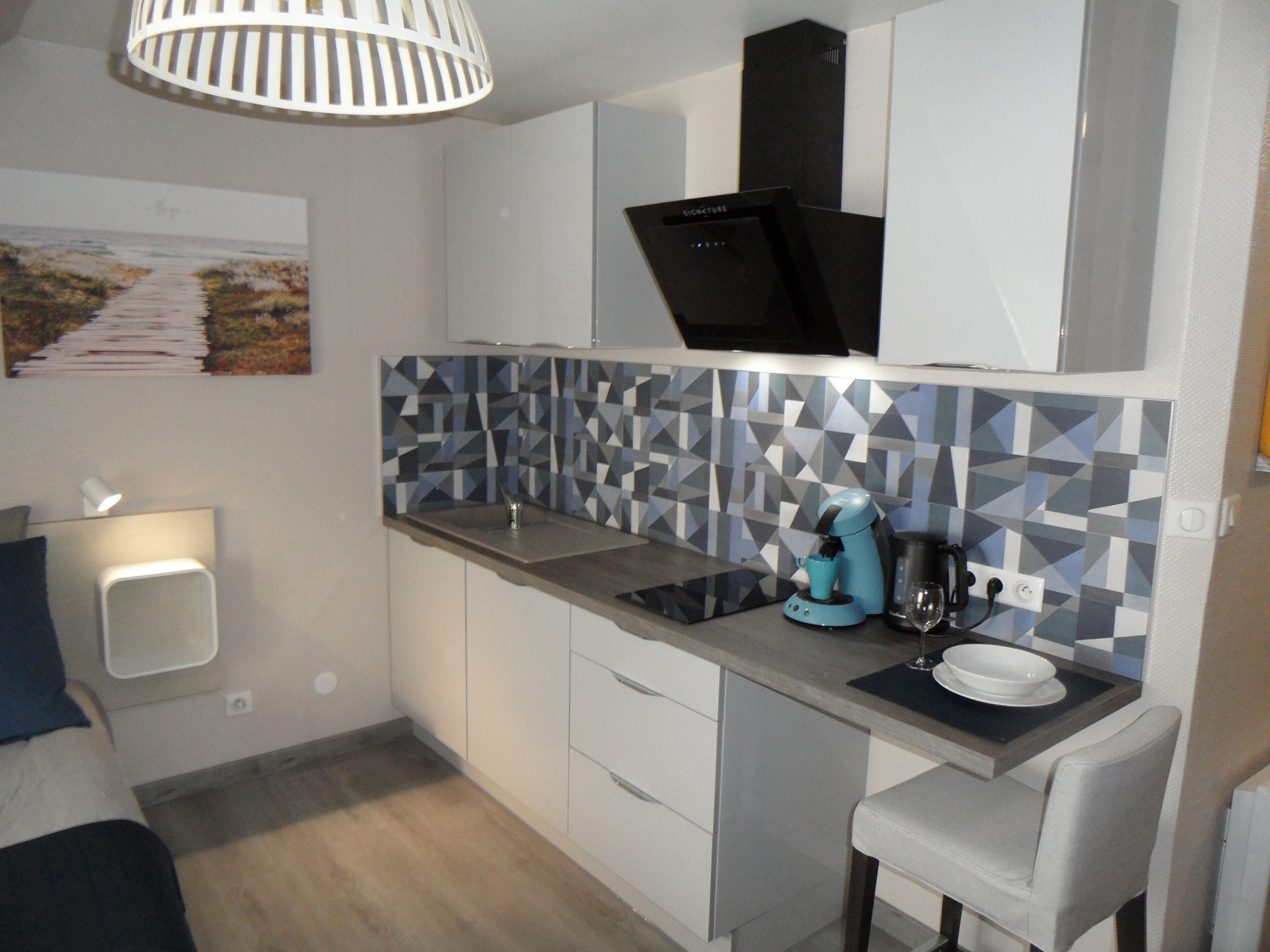 Réfrigérateur, micro-ondes, plaque de cuisson, cafetière/bouilloire