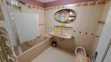 Hair dryer, bidet, towels, toilet paper