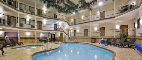 Indoor pool, open 8:00 AM to 10:30 PM, pool loungers