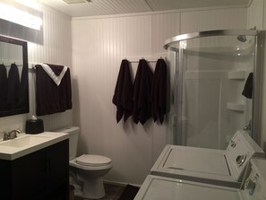 Shower, towels, soap, shampoo