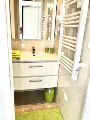 Dusche, Haartrockner, Handtücher, Toilettenpapier