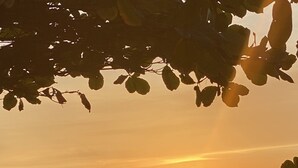 Un atardecer sobre el océano con olas y una playa en primer plano.