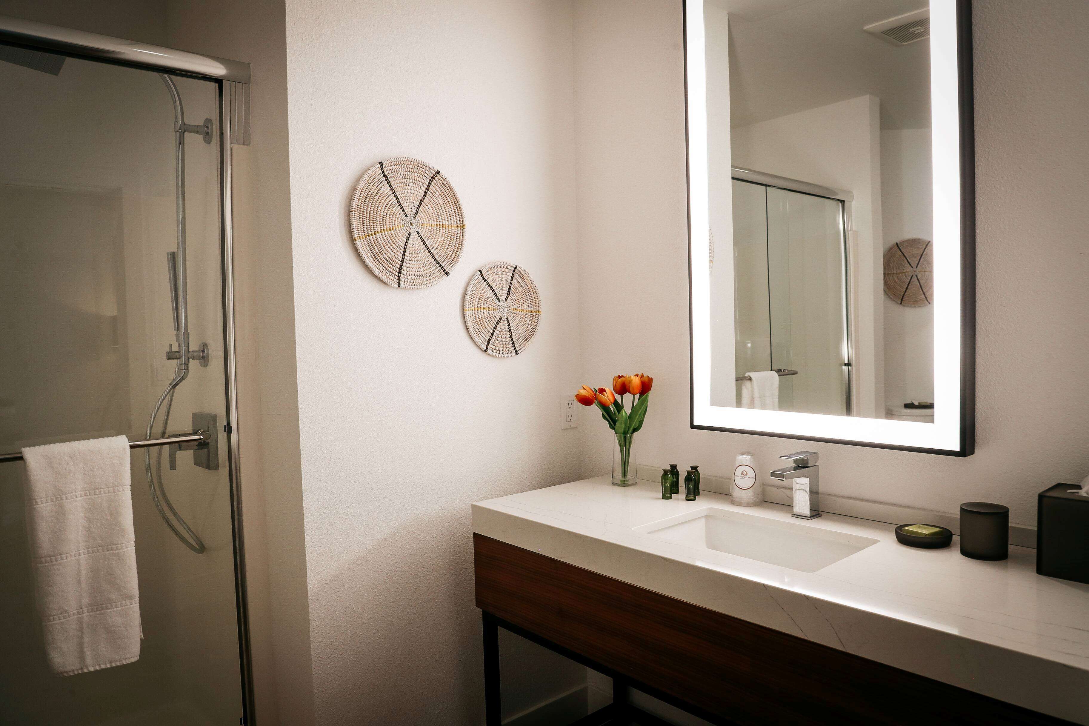 shower, rainfall showerhead, towels