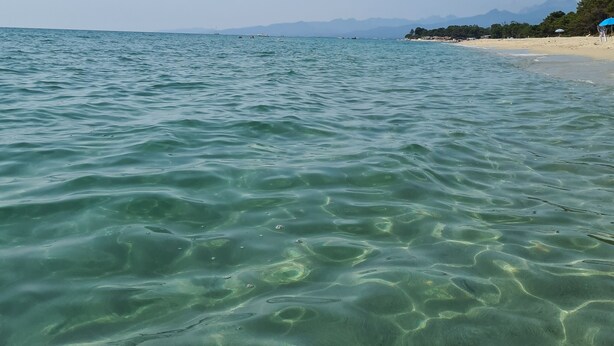 Une plage à l’eau claire, une rive sablonneuse et une chaîne de montagnes qui se dessine à l’horizon.