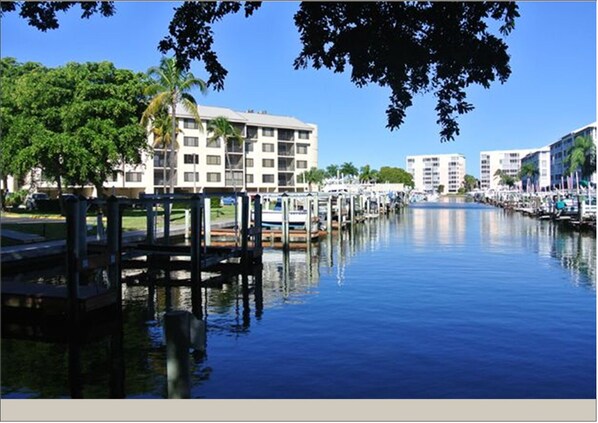Stroll along the tranquil canal, surrounded by modern buildings and lush greenery.