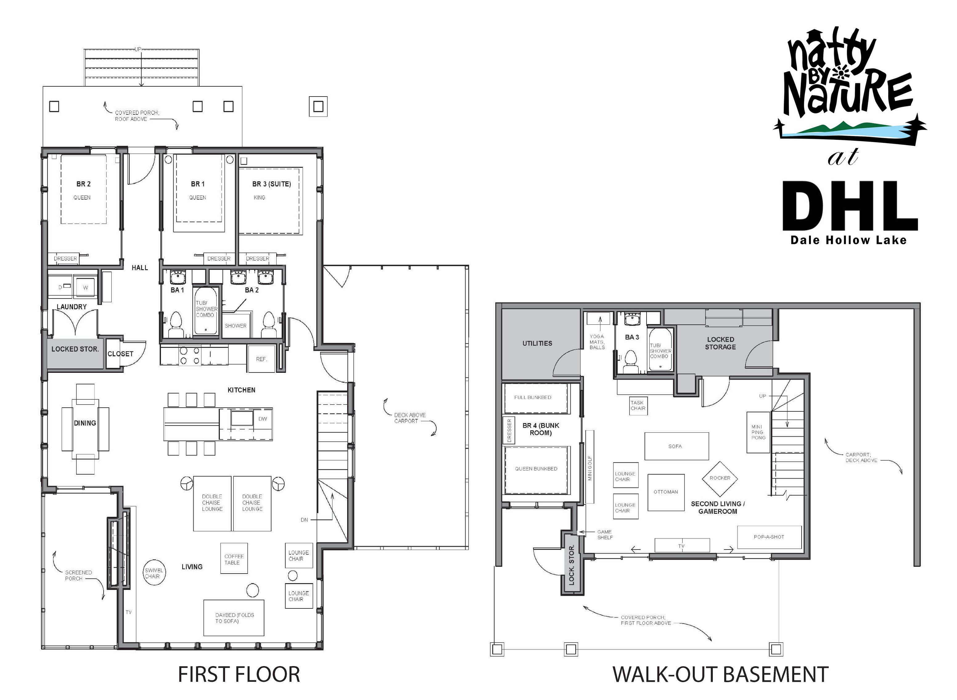Ein Grundriss eines Hotels mit Erdgeschoss und teilweiser Keller. Es zeigt Zimmer, die mit BR 1, BR 2, BR 3, BR 4 und BR 5 gekennzeichnet sind, sowie Einrichtungen wie eine Küche, Essbereich, Wohnzimmer und einen weiteren Aufenthalts-/Spielraum.