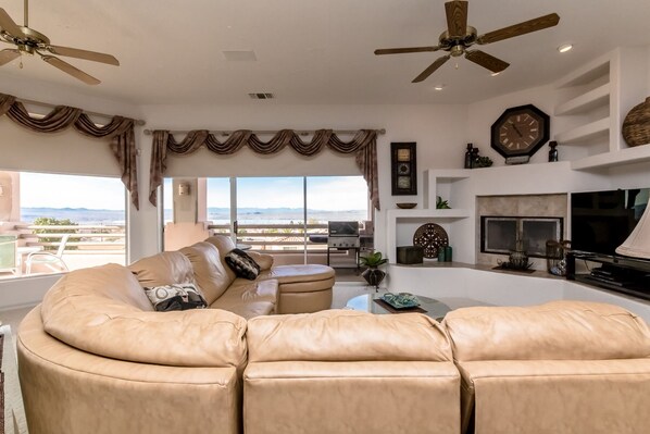 TV, fireplace, books, video library