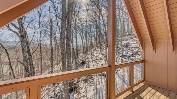 A wooden deck with a metal railing overlooking a snowy landscape with trees. - Cozy, Luxurious Fox Den in the Shenandoah Valley (Luray)