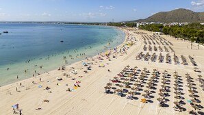 A beach with rows of sunbeds and umbrellas, a clear blue sea, and a mountainous backdrop. - Apartamento Carabela 51 (Puerto de Alcudia)