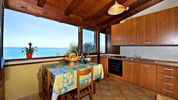 Een koelkast, een oven, een kookplaat, een koffiezetapparaat/waterkoker