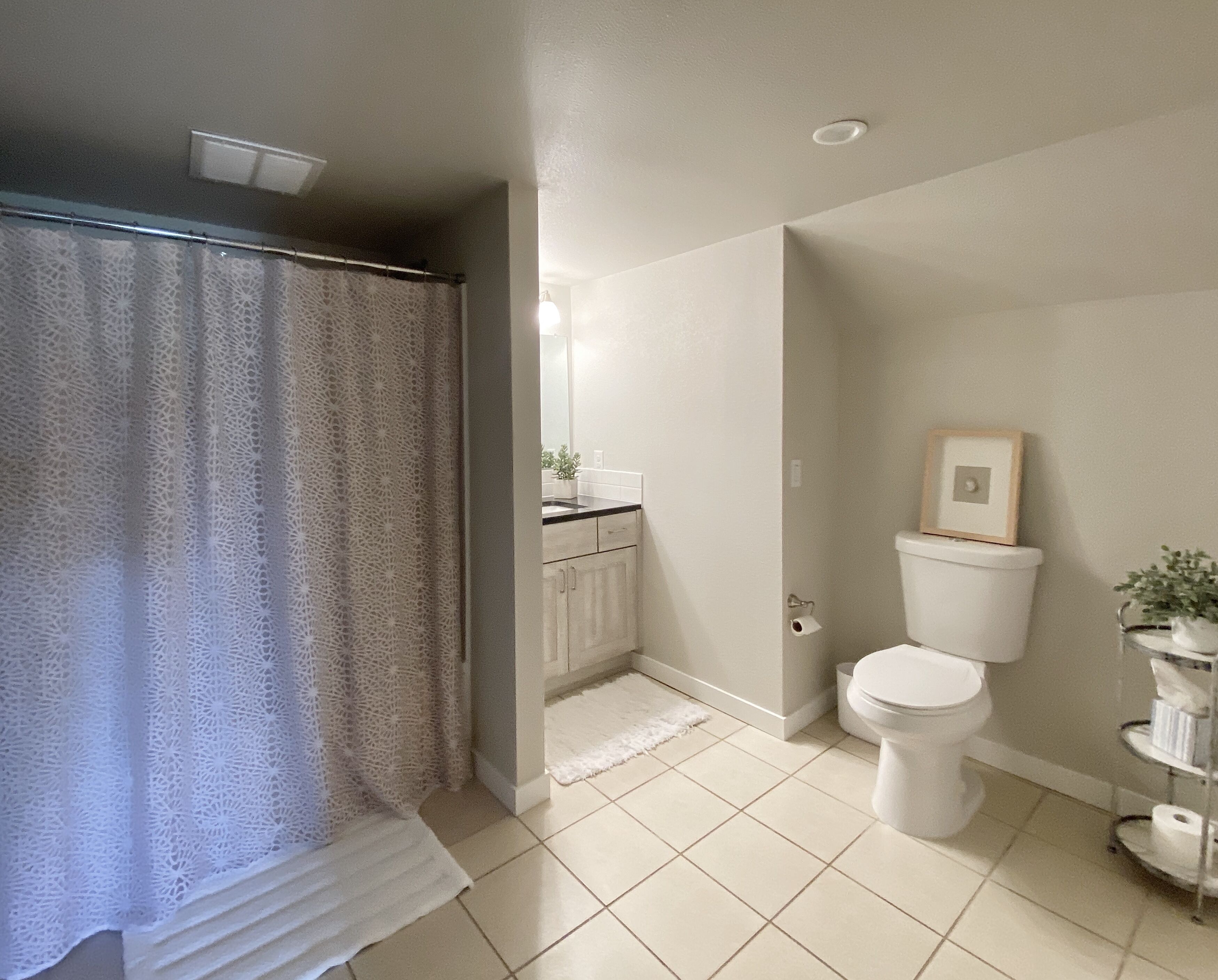 A bathroom with a shower curtain, toilet, sink, and a framed picture on the wall.