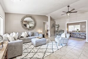 Luxury House | Living area | 60-inch Smart TV with digital channels, TV, fireplace - Luxurious Home with Red Rock Views (Sedona)