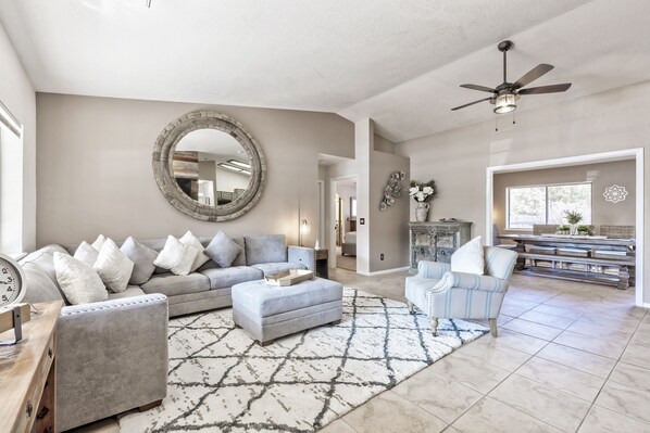 Luxury House | Living area | 60-inch Smart TV with digital channels, TV, fireplace