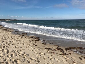 Una spiaggia sabbiosa con impronte e alghe, che si estende verso l'oceano.