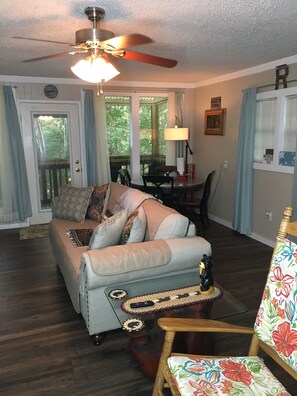 Smart TV, fireplace, DVD player, books