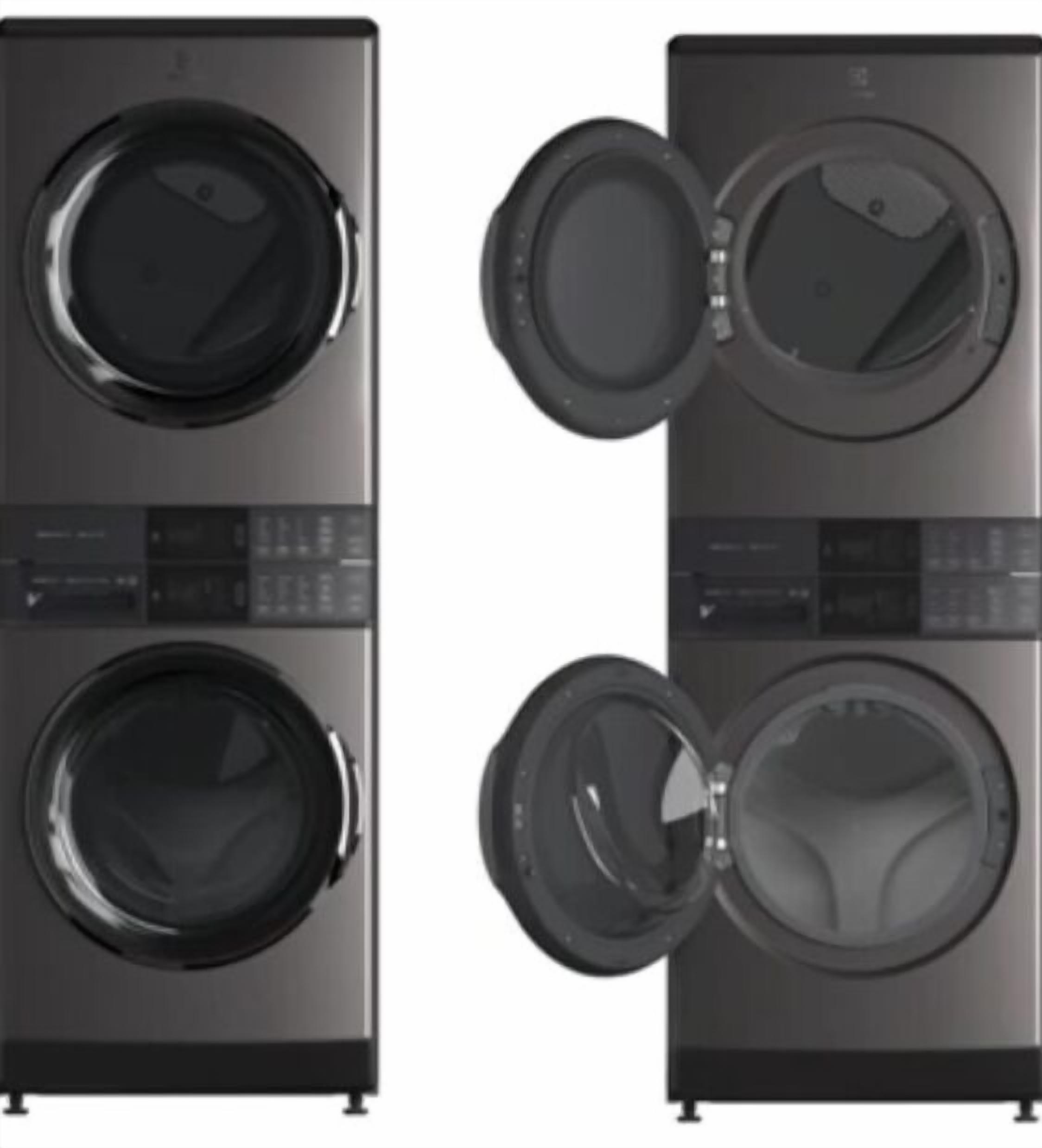 A set of four stacked washing machines.