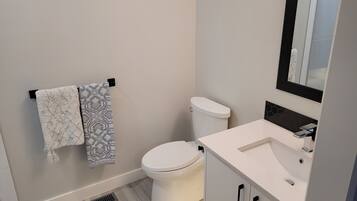 Suihkun ja ammeen yhdistelmä, hiustenkuivaaja, pyyhkeet, saippua