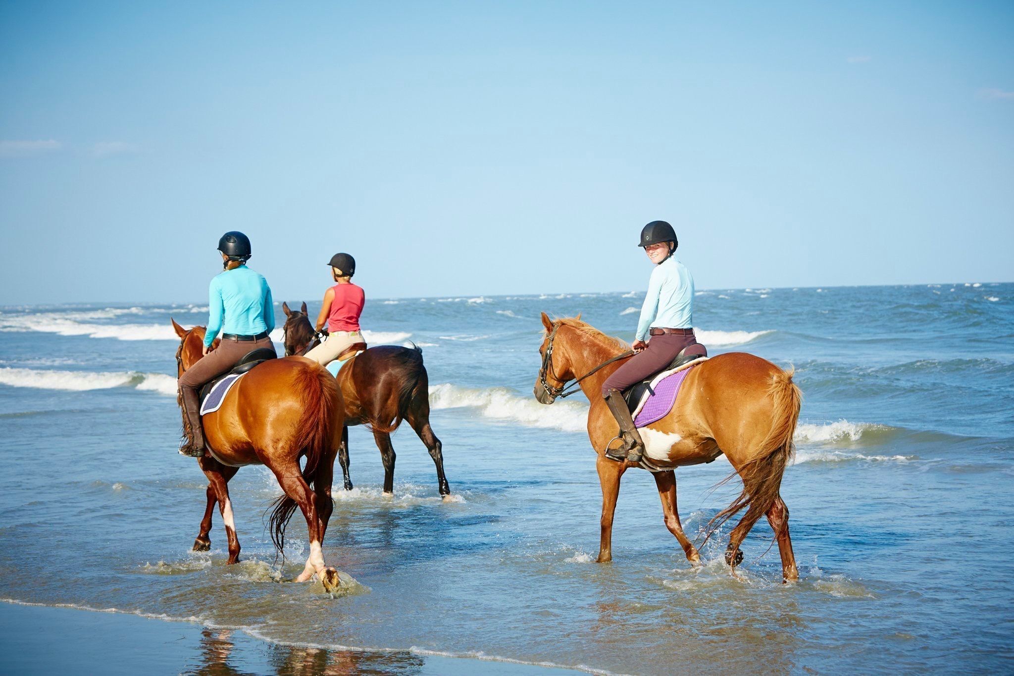 Cuatro personas montando a caballo por una playa, con olas del océano al fondo.